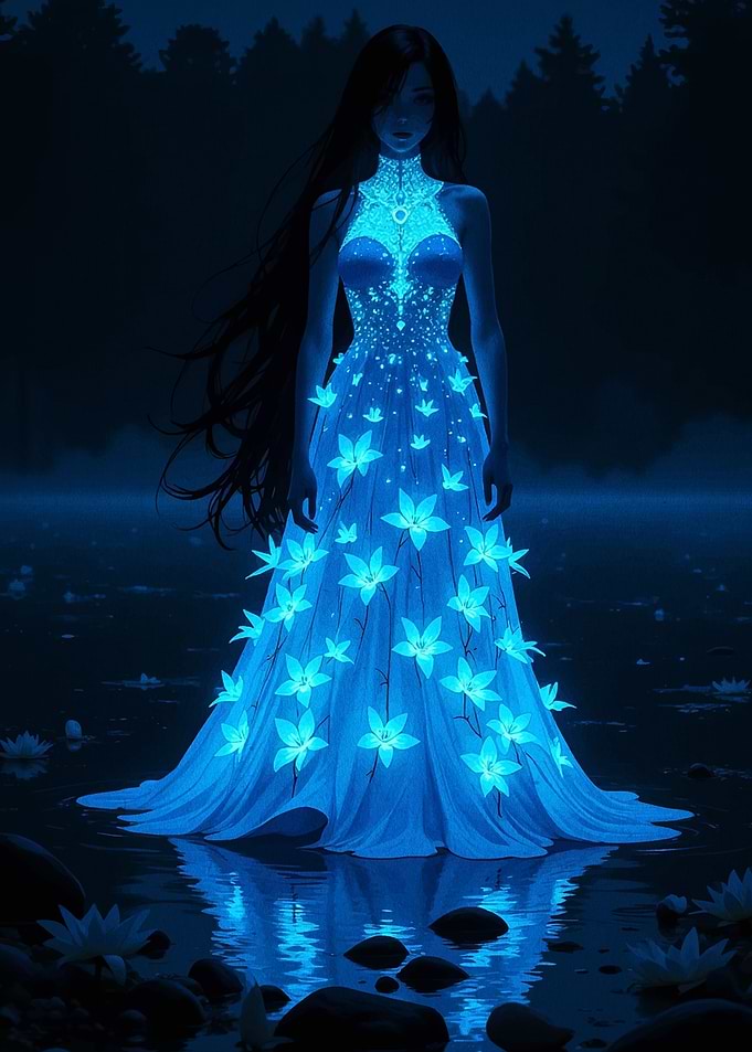 Enchanting Woman in Glowing Floral Dress