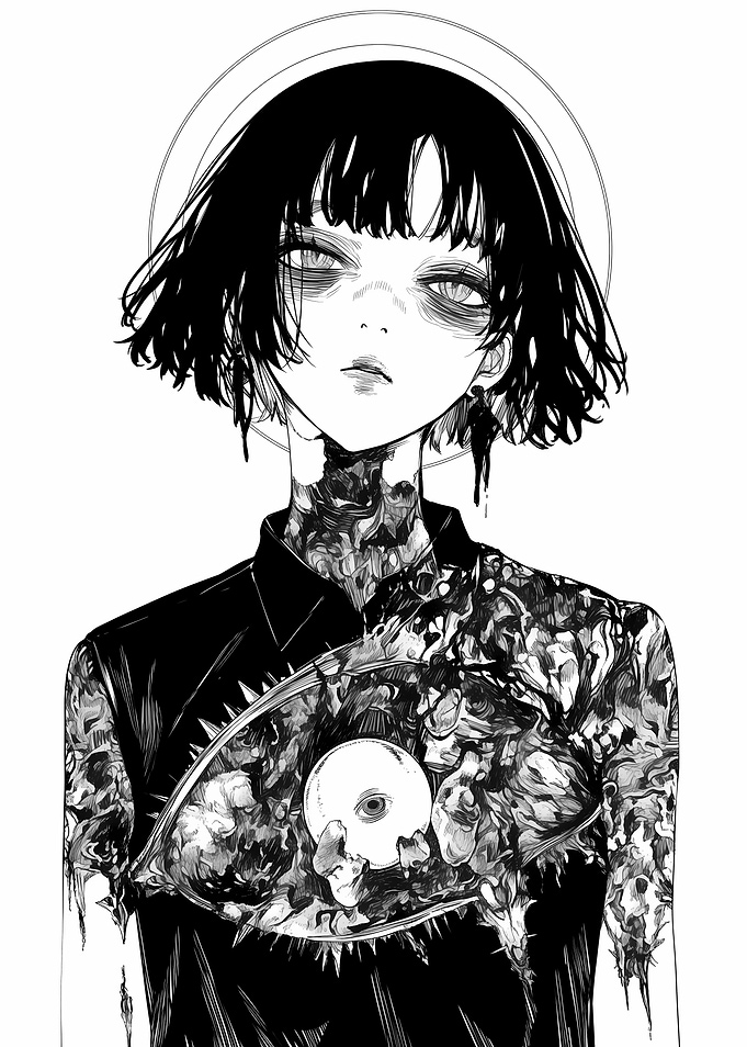 Gothic Anime Portrait with Open Chest