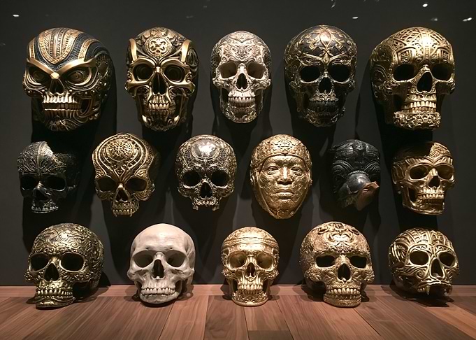 Collection of Ornate Golden Skulls
