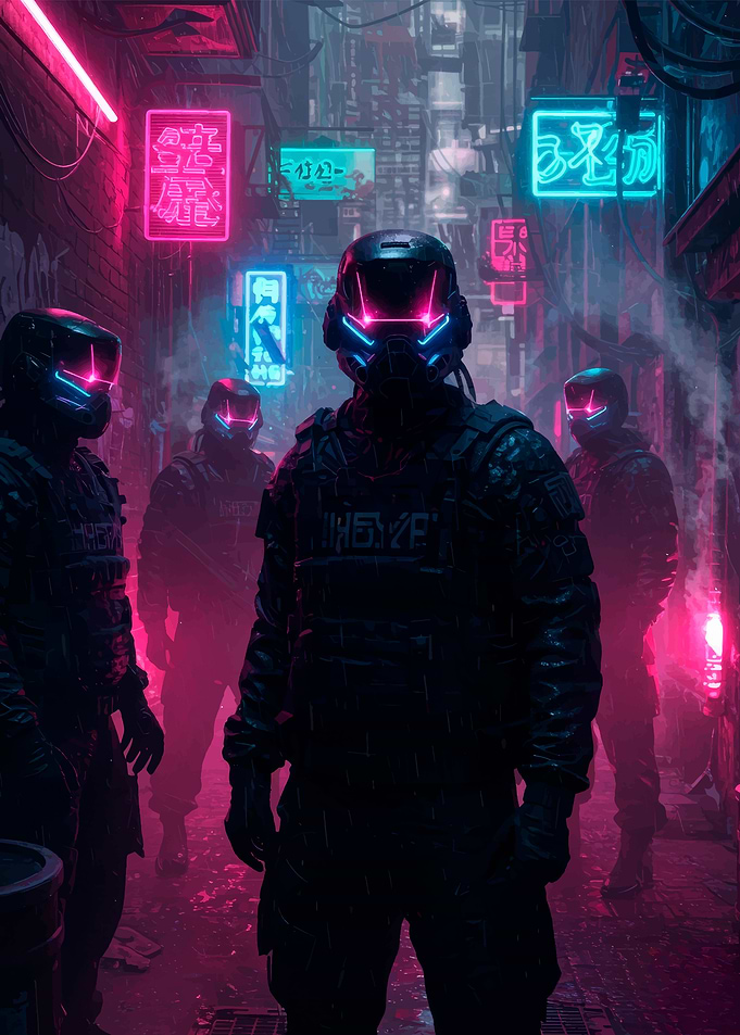 Cyberpunk Soldiers in Neon Alley