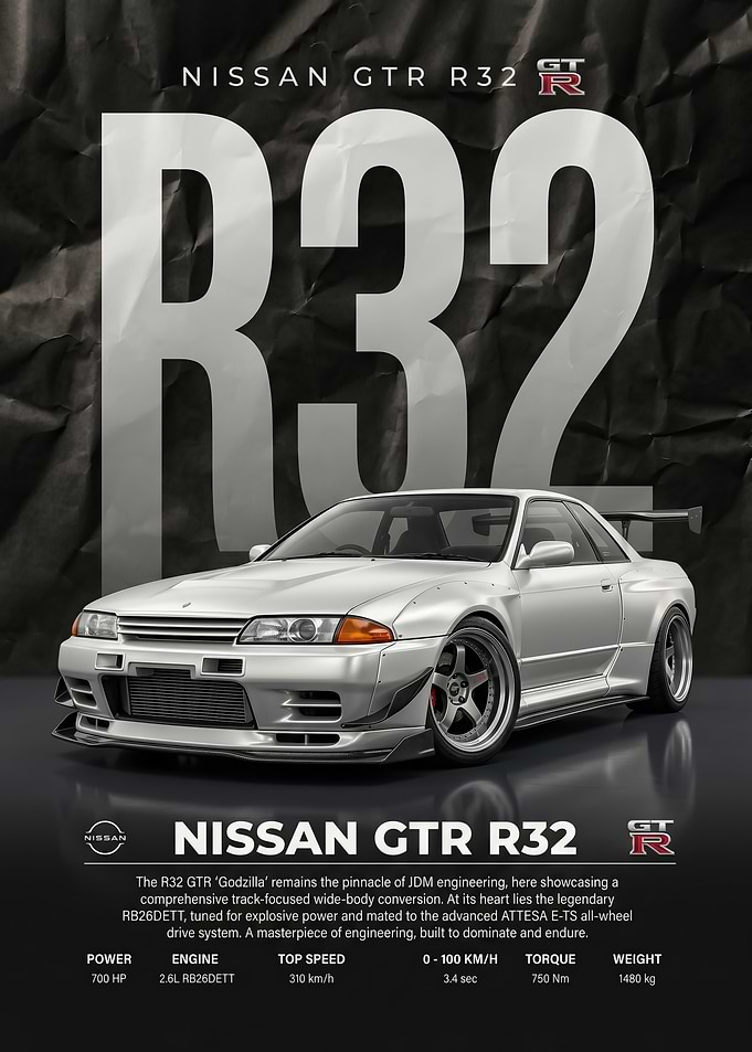 sleek Nissan GT-R R32 'Godzilla' car poster