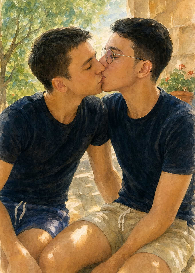 Two men kissing outdoors