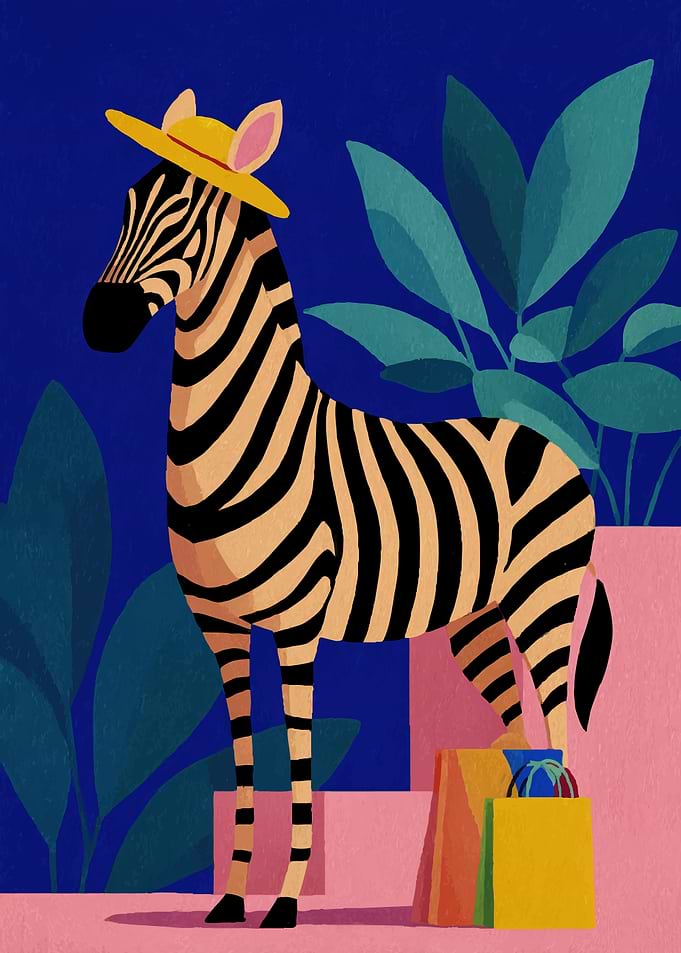 Zebra in a Hat with Shopping Bags
