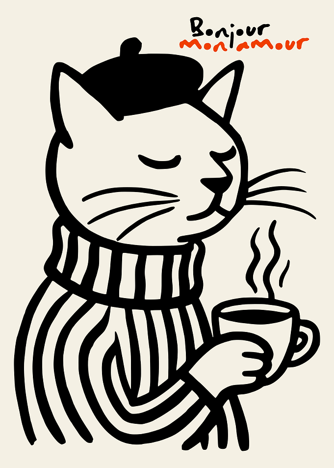 Cat in Beret with Coffee