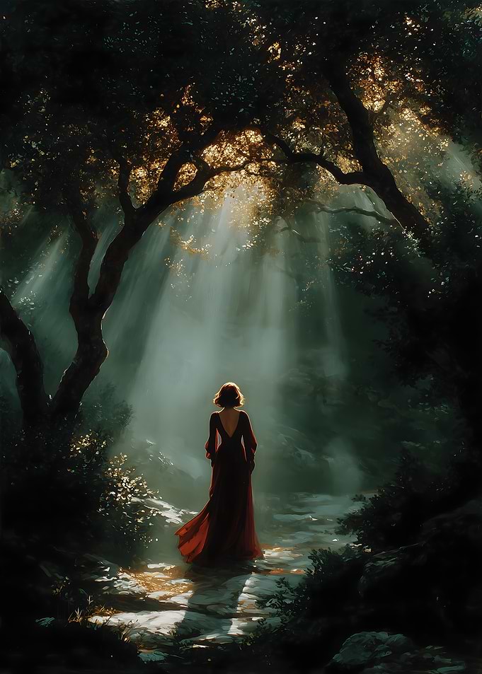Woman in red dress in forest