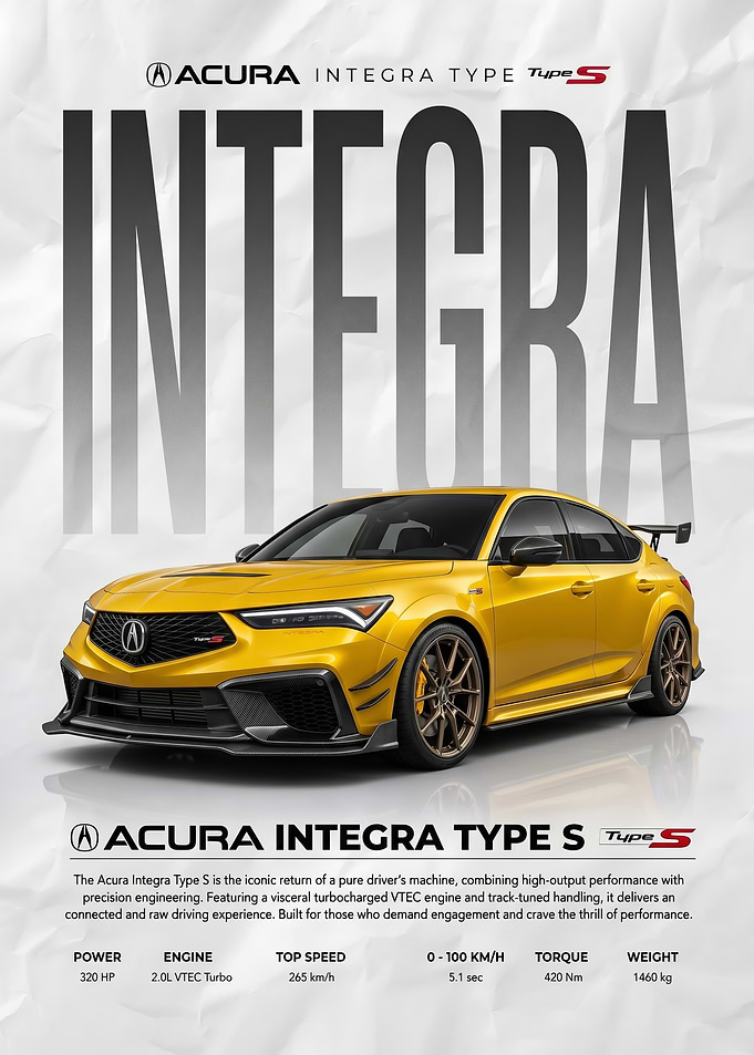 sleek yellow Acura Integra Type S Car poster