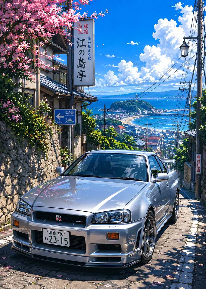 Silver Nissan Skyline GT-R R34 in Japan