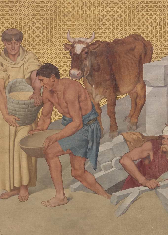 Biblical scene with workers and a cow
