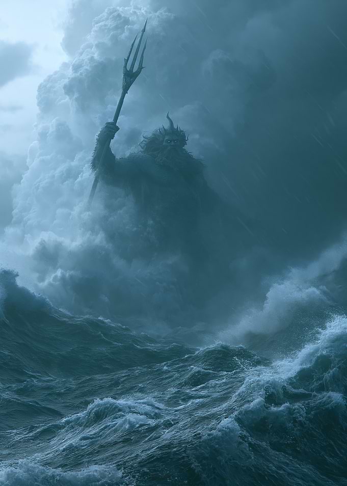 Neptune with Trident in Stormy Seas