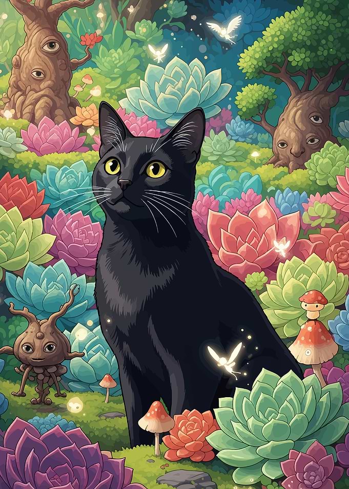 Black Cat in a Magical Garden