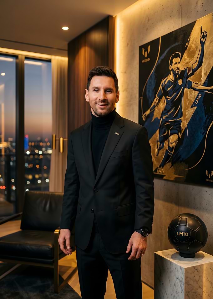 Lionel Messi in a suit with artwork