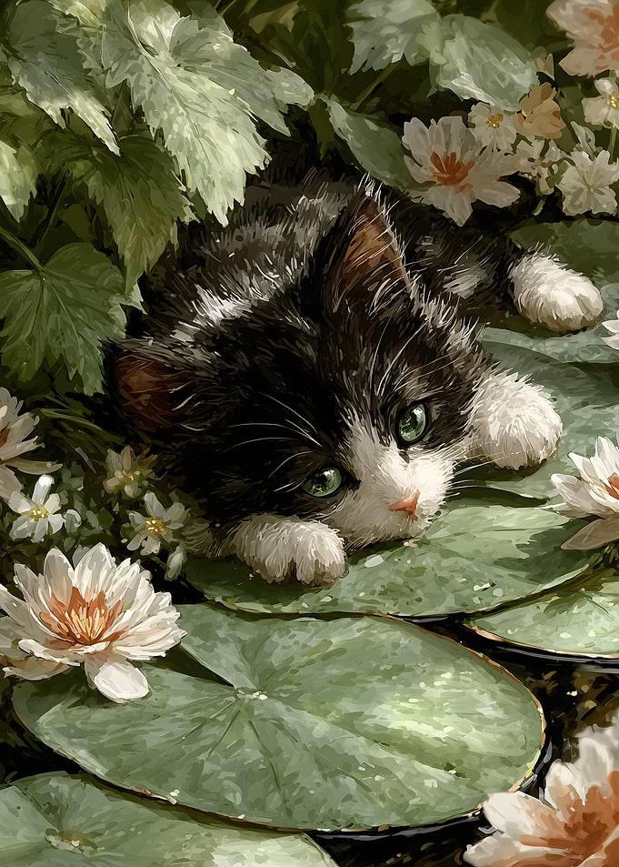 Cute Kitten on Lily Pads