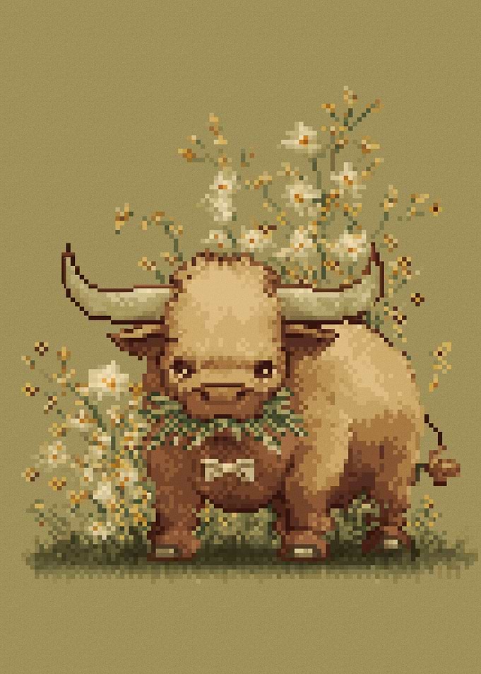 Pixel Art Highland Cow with Flowers