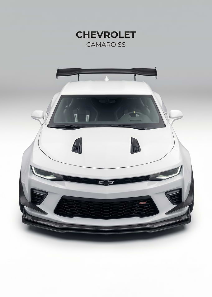 sleek White Chevrolet Camaro SS angry car poster