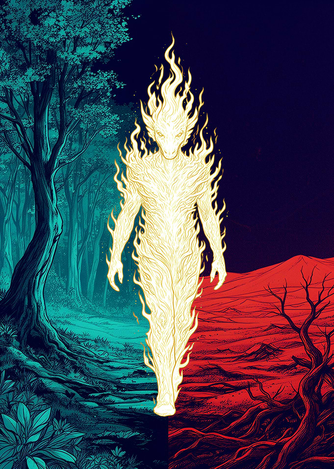 Fiery Being in Dual Landscapes