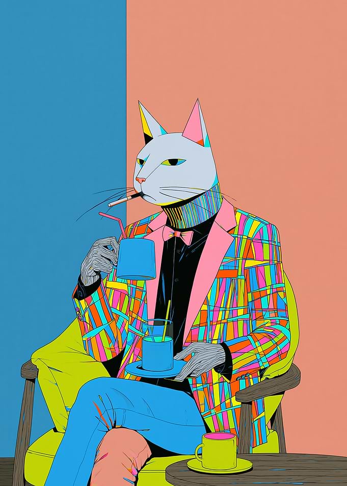 Cat in a colorful suit drinking