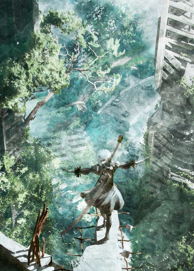 Post-apocalyptic android overlooking overgrown city