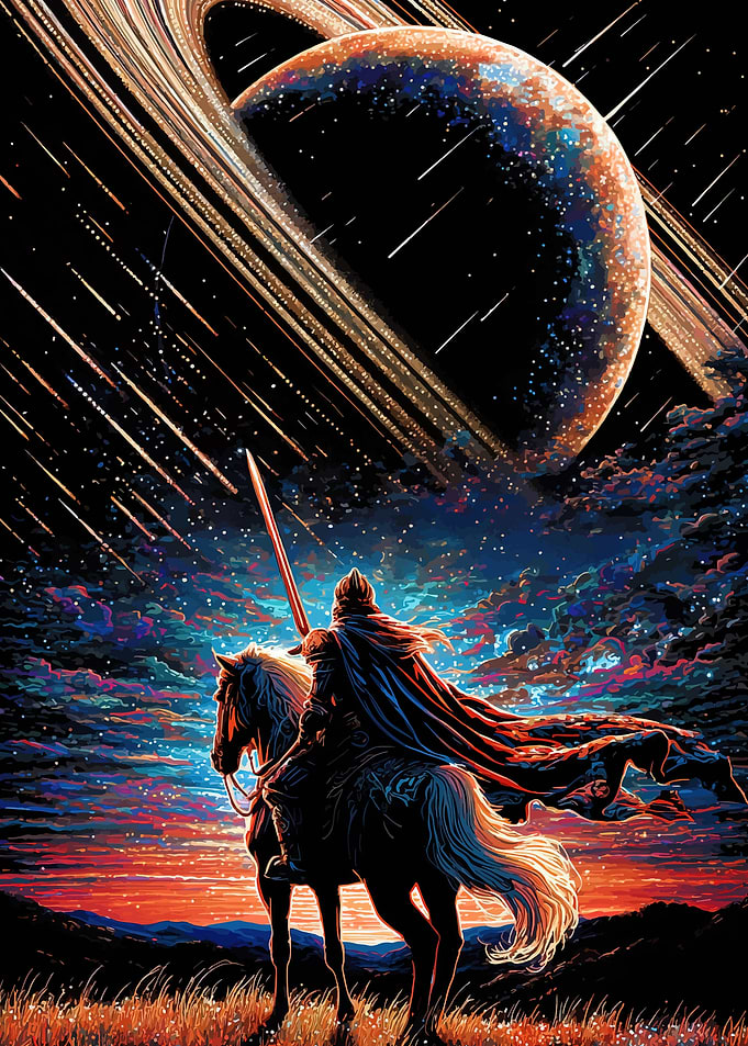 Knight on Horse Under Ringed Planet