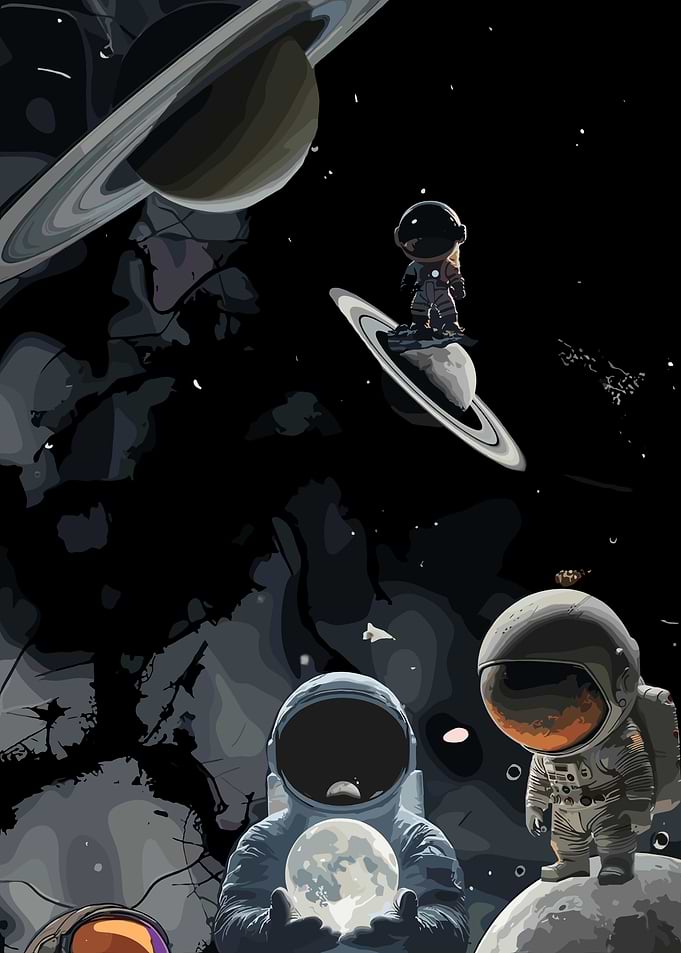 Astronauts in Space with Planets