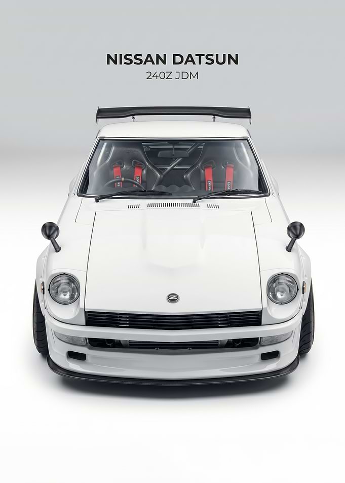 sleek White Nissan Datsun 240Z JDM car poster