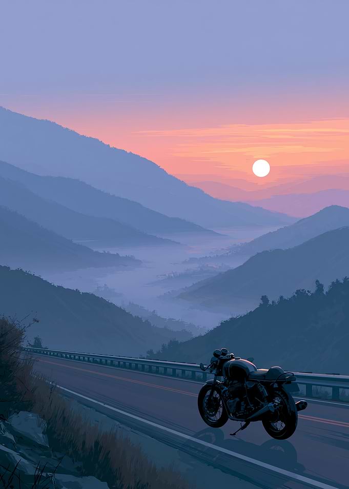 Motorcycle on a mountain road at sunrise