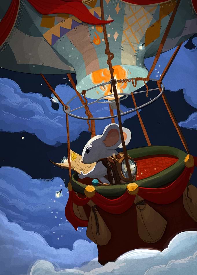 Mouse in a hot air balloon at night