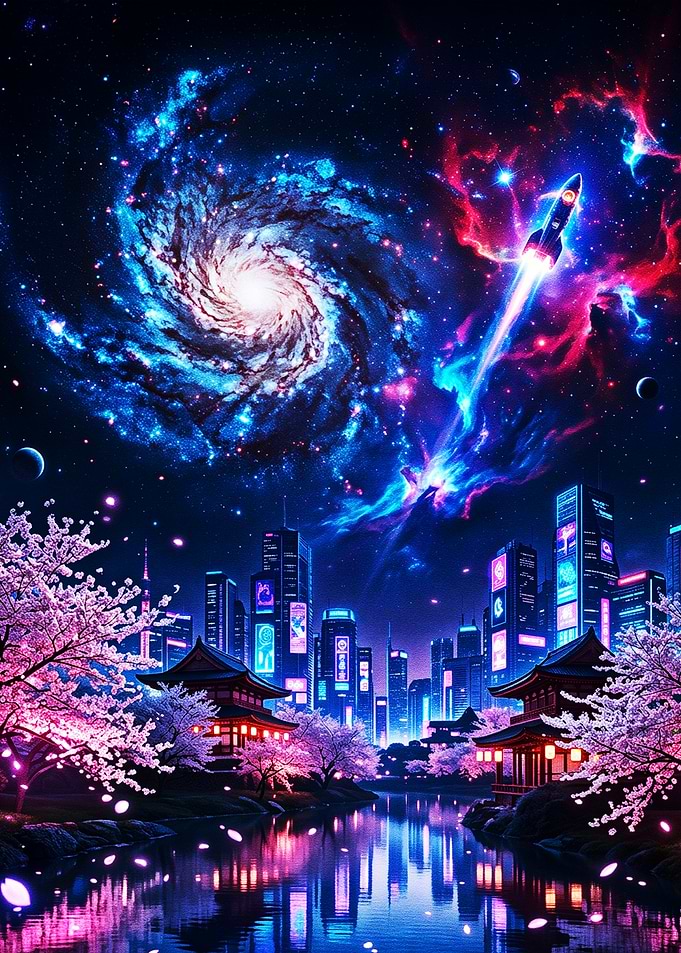 Futuristic Cityscape with Galaxy and Cherry Blossoms