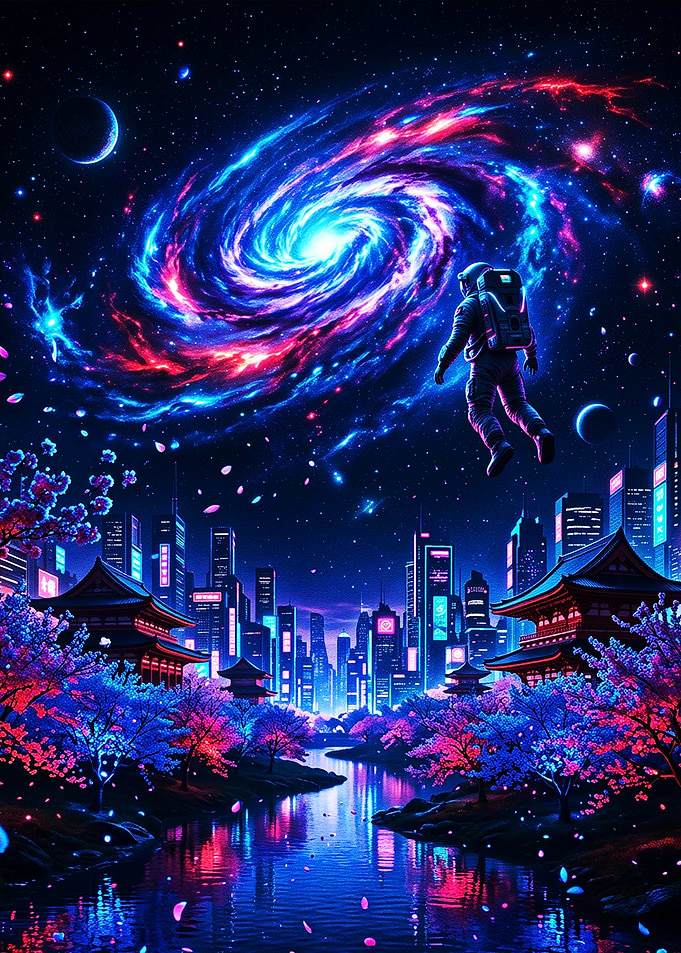 Astronaut in a Neon Galaxy Cityscape