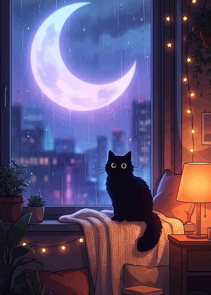 Black Cat by Rainy Window