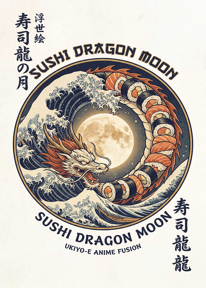 Sushi Dragon Moon Ukiyo-e Anime Fusion