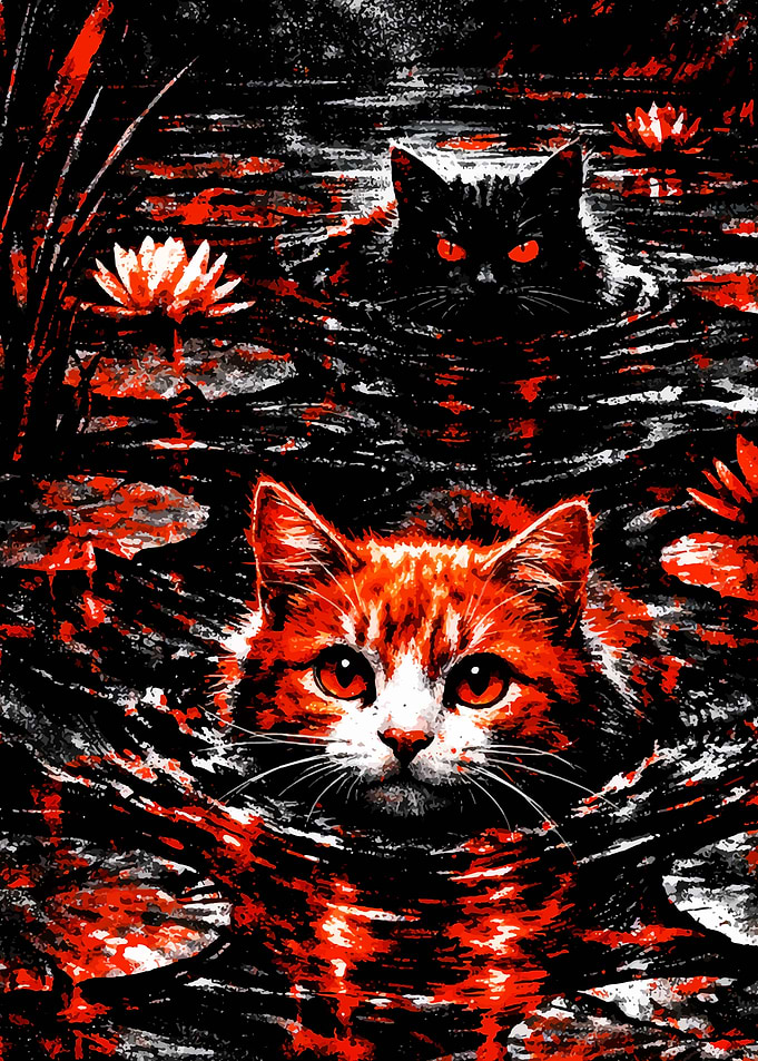 Two Cats in Water with Water Lilies