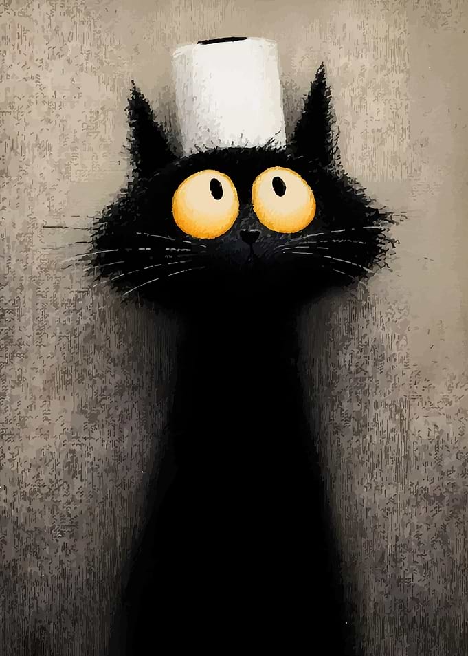 Black Cat Wearing Toilet Paper Hat