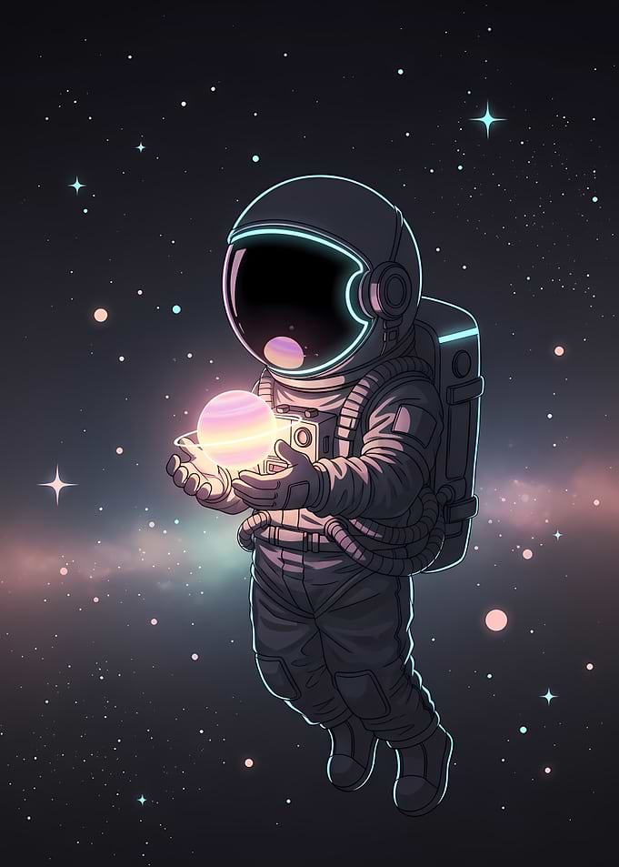 Dreamy Astronaut Holding a Glowing Cosmic Planet in Space , Anime