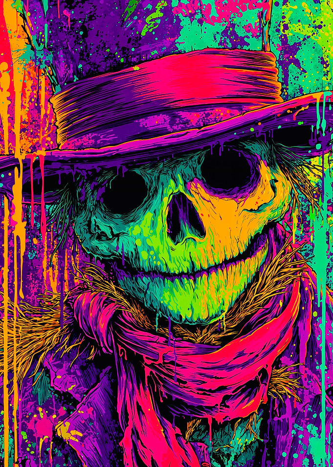 Neon Skull Scarecrow Paint Splatter