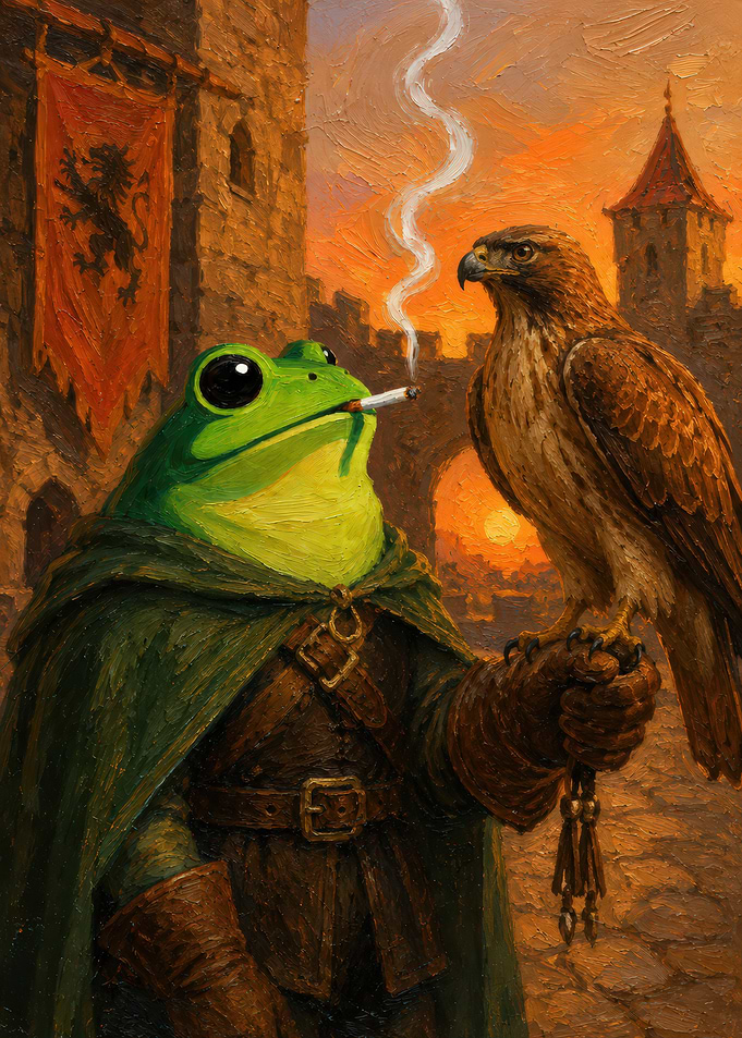 Frog Knight with Falcon at Sunset