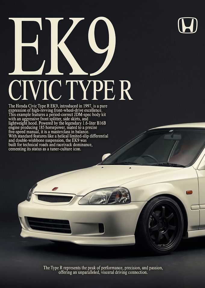 sleek close up whiteHonda Civic Type R EK9 car Poster