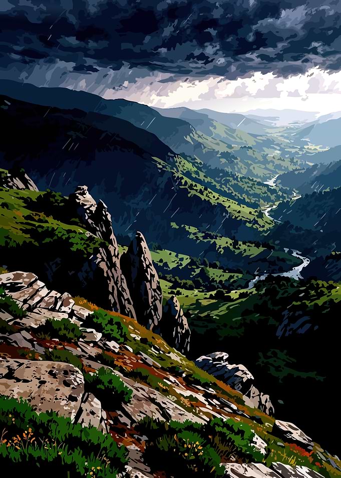 Stormy Mountain Valley Landscape