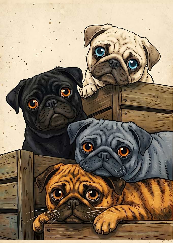 Four Pugs in Wooden Crates