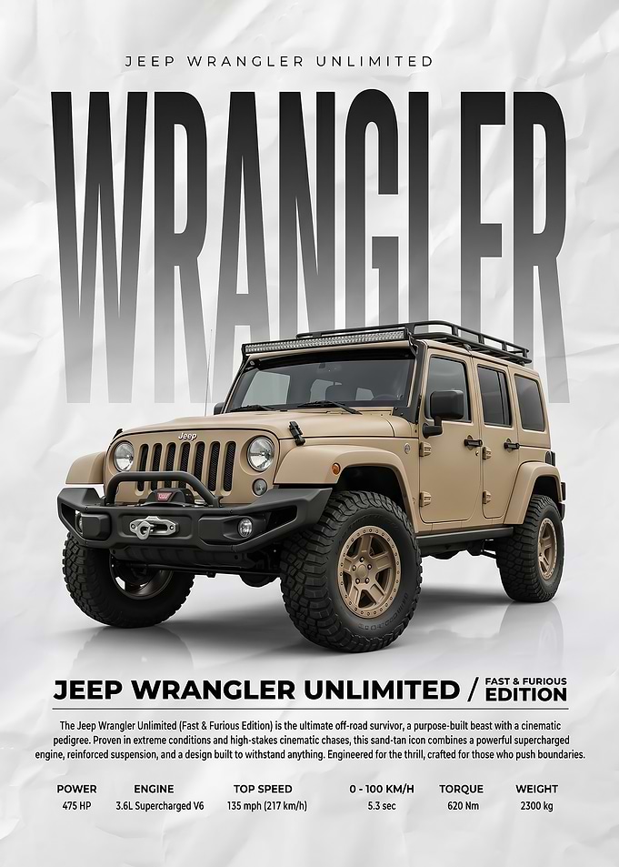 A striking Wrangler car poster