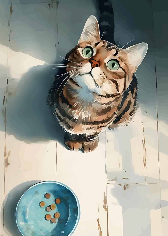 Tabby Cat Looking Up at Food Bowl