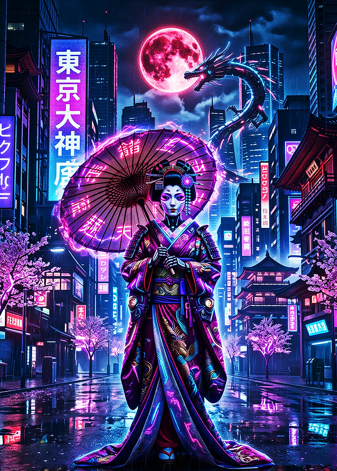 Cyberpunk Geisha Under Neon Moon