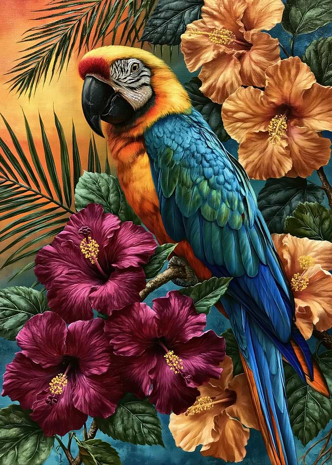 Vibrant Macaw Parrot Amidst Tropical Flowers