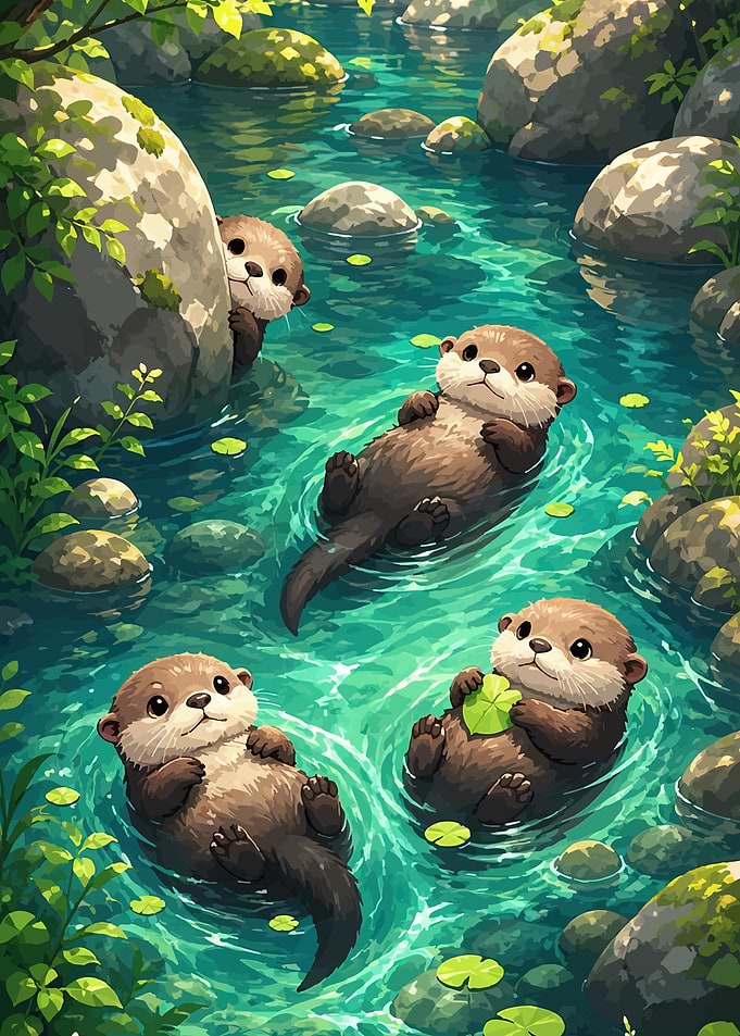 Cute Otters Floating in a Stream