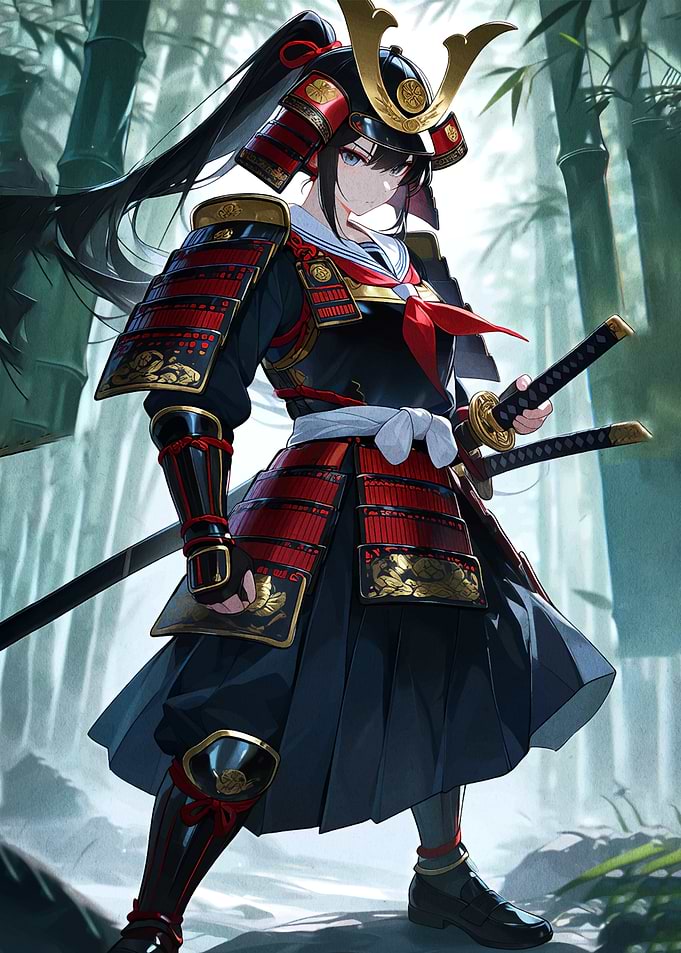Samurai Girl in Bamboo Forest
