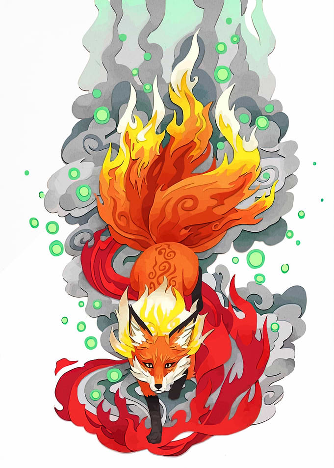 Nine-Tailed Fox with Fire and Smoke