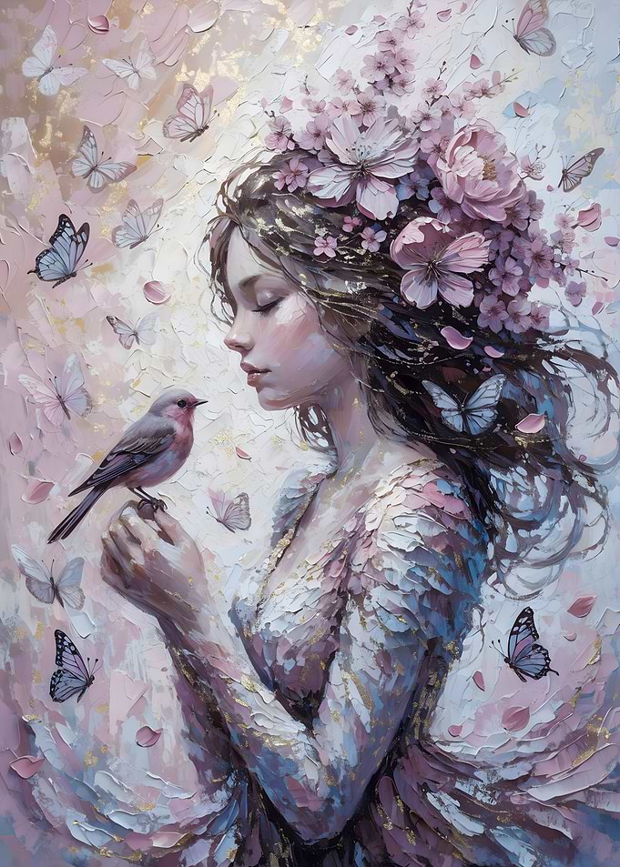 Woman with a Floral Crown Butterflies, Bird in a Dreamy Landscape