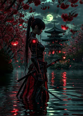 Cyberpunk Samurai in Cherry Blossom Garden