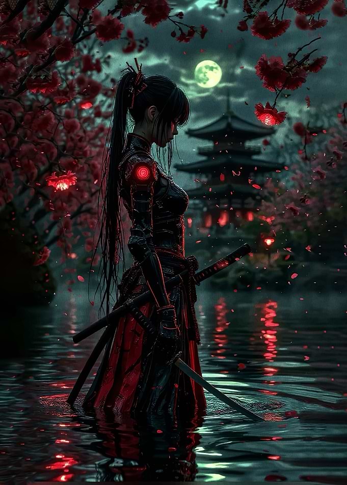 Cyberpunk Samurai in Cherry Blossom Garden