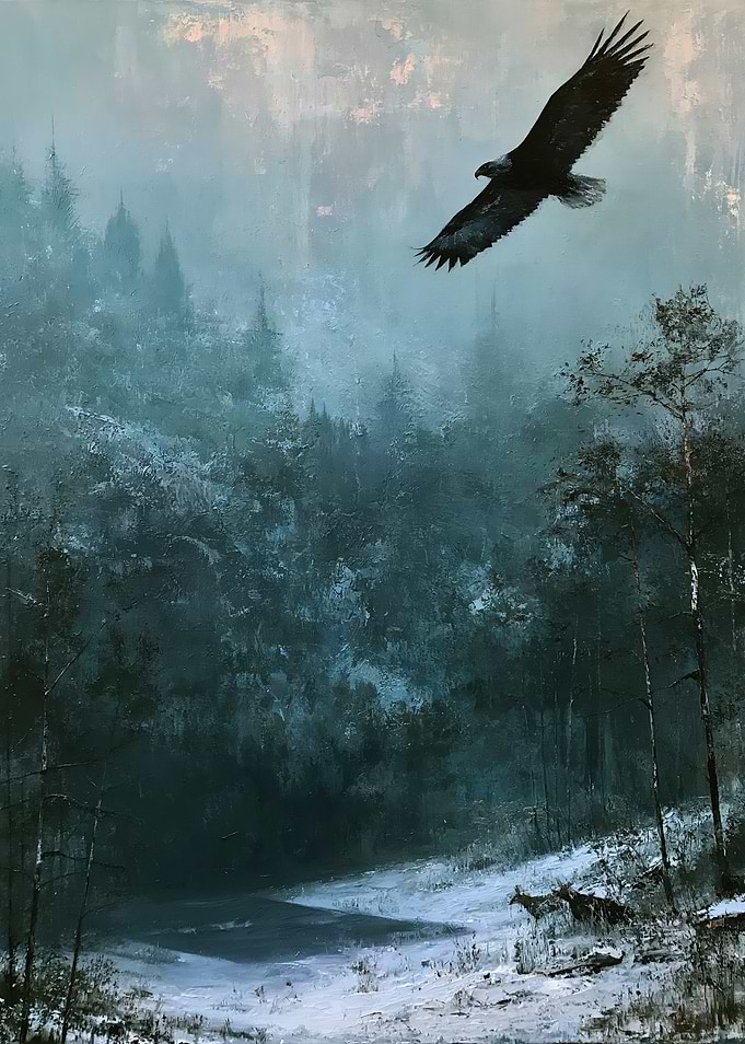 Eagle Soaring Over Snowy Forest