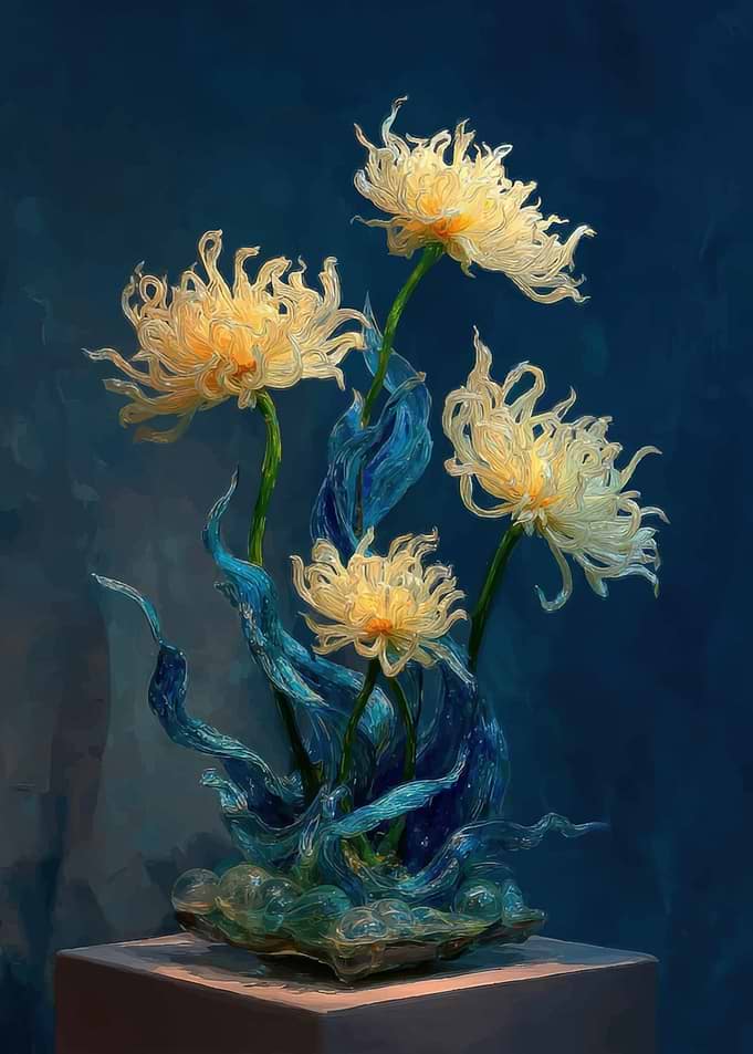 Glass Chrysanthemums with Blue Ribbons